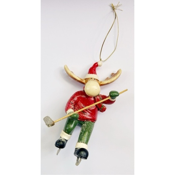 Holiday Hockey Moose Player Ornament - Picture 1 of 3